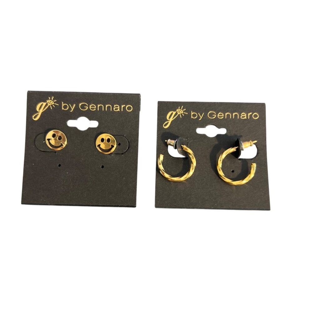 G By Gennaro 2 Pair Gold Tone Earrings Smiley Face Twisted Hoops New on Card